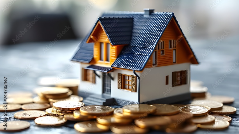 Mini house on stack of coins. Concept of property investment, income , Mini house on stack of coins. Concept of property investment, income ,