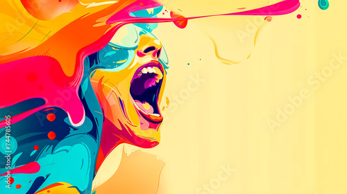 Abstract Vibrant Woman Yelling Art on Yellow Background