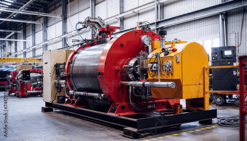  Large industrial machine is a large, cylindrical vessel with a red and yellow exterior photo