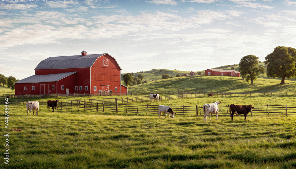  Cows grazing in a lush green pasture on a beautiful summer day with a red barn in the background
