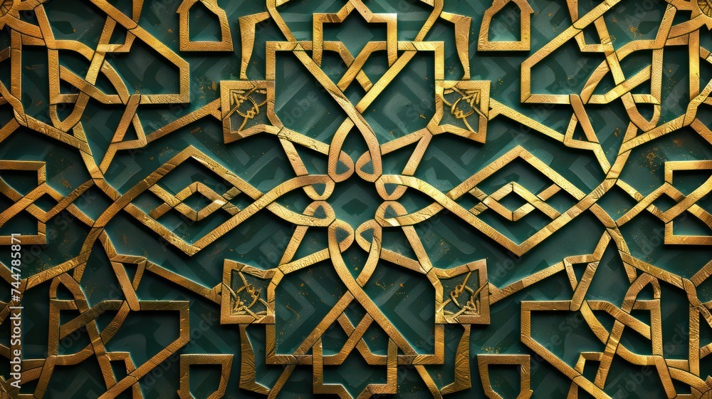 Golden lined motif geometric Islamic patterns, Islamic backgrounds for eid ul adha and eid ul fitr. - obrazy, fototapety, plakaty 