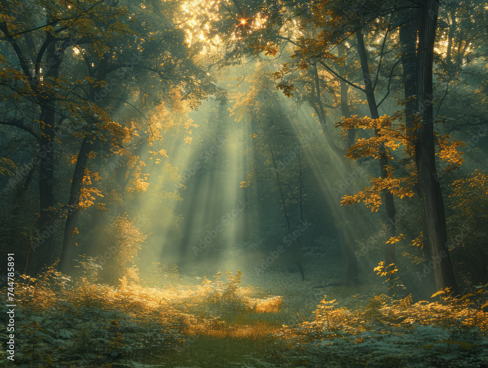 Forest Illumination: Sunrays Piercing Through Autumn Trees - obrazy, fototapety, plakaty 