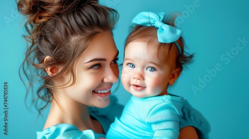 Smiling Mother Holding Baby Girl in Blue