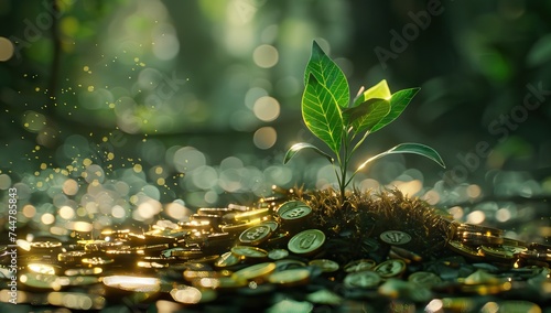 The coins are stacked on the ground and the seedlings are growing on top, the concept of saving money and financial and business growth. AI generated illustration