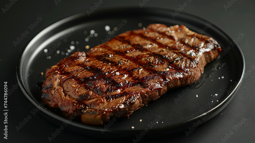 Delicious juicy grilled meat  on a plate on a black  background