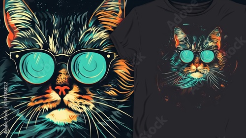 Portrait of Cat with glasses. Vector art illustration. T-shirt design. photo