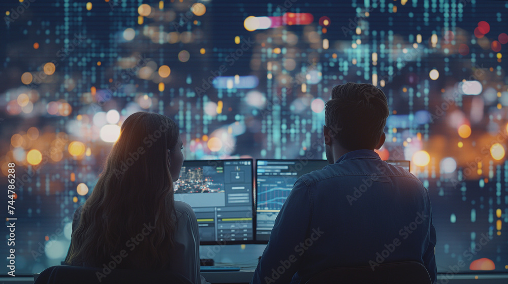 a man and woman are sitting at rhe office at a computer with stock screens on them