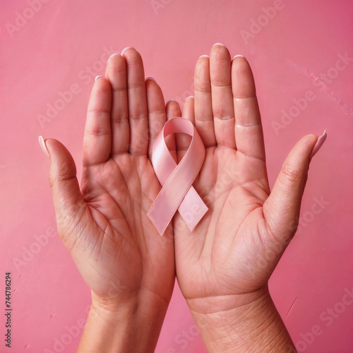 pink ribbon in woman palms