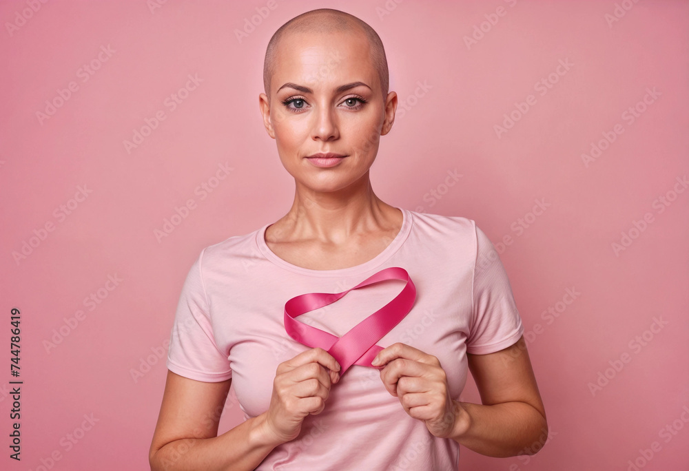 breast cancer survivor bald woman holding cancer ribbon standing over isolated pink background breast cancer survivor bald woman holding cancer ribbon standing over isolated pink background