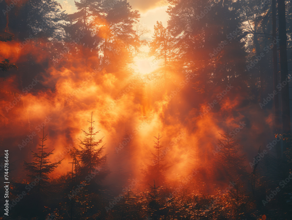 Fiery Dawn: Mystical Sunrise Through the Misty Forest