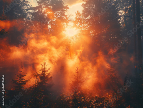 Fiery Dawn  Mystical Sunrise Through the Misty Forest