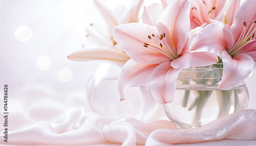  A beautiful bouquet of pink lilies in a glass vase on a pink background