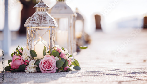  A beautiful summer wedding ceremony setup with white lanterns and pink flowers on the beach.