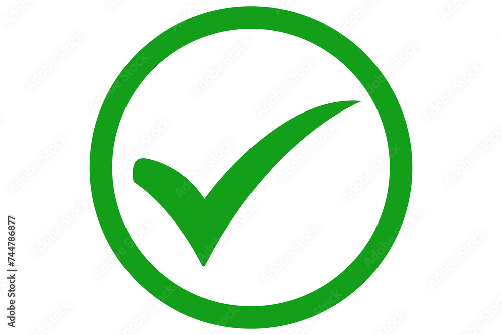 Green check mark on transparent background, green right tick mark under green circle - obrazy, fototapety, plakaty 