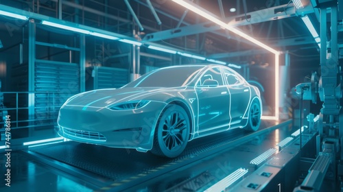 Robot welder in the automobile industry. White robots welding vehicle body in automobile factory. Robots draw the outline of the concept car with a laser beam or beam.