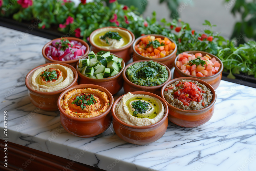 Fototapeta premium hummus with meze on marble countertop (3)