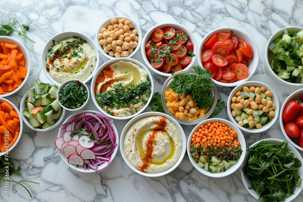 hummus with meze top view on marble countertop (4) hummus with meze top view on marble countertop (4)