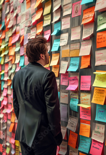 Man Standing in Front of Wall Covered in Sticky Notes