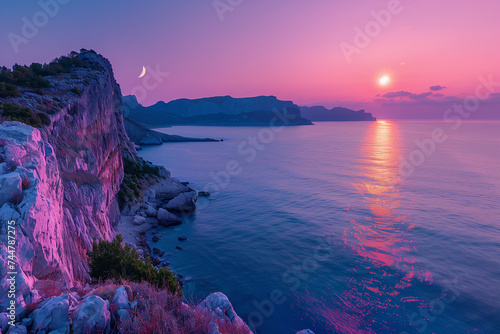 sunset and moonrise over the sea, purple, pink and blue hues (1)