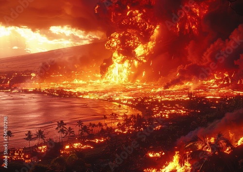 Apocalyptic Vision of Fiery Volcano Eruption with Rivers of Lava Descending into the Sea at Night