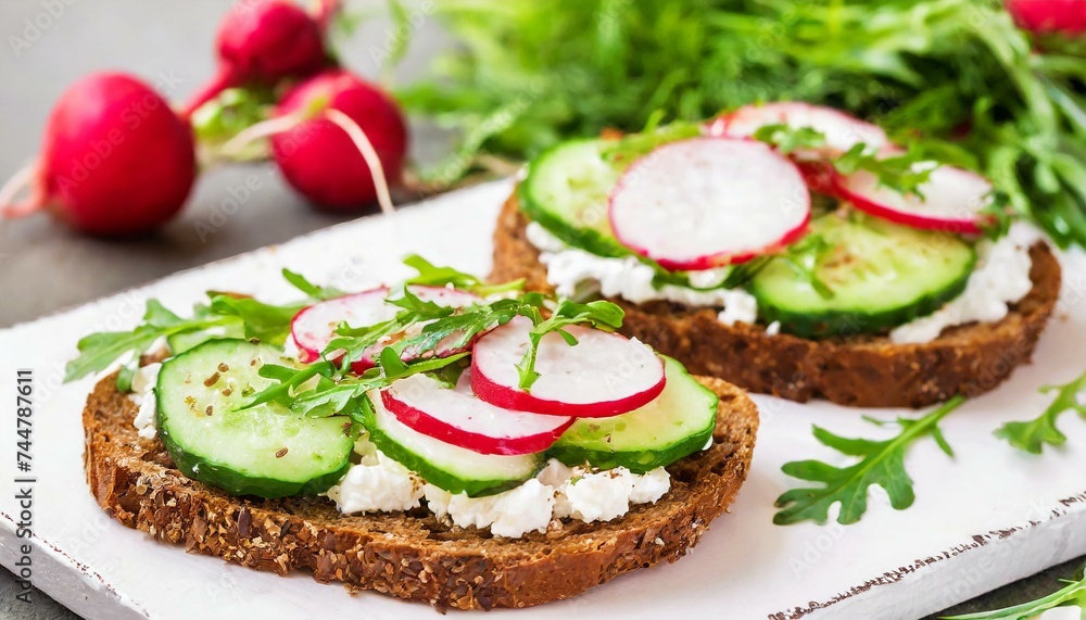 Rye Toast Sandwich with Cottage Cheese, Radish, Cucumber, and Greens