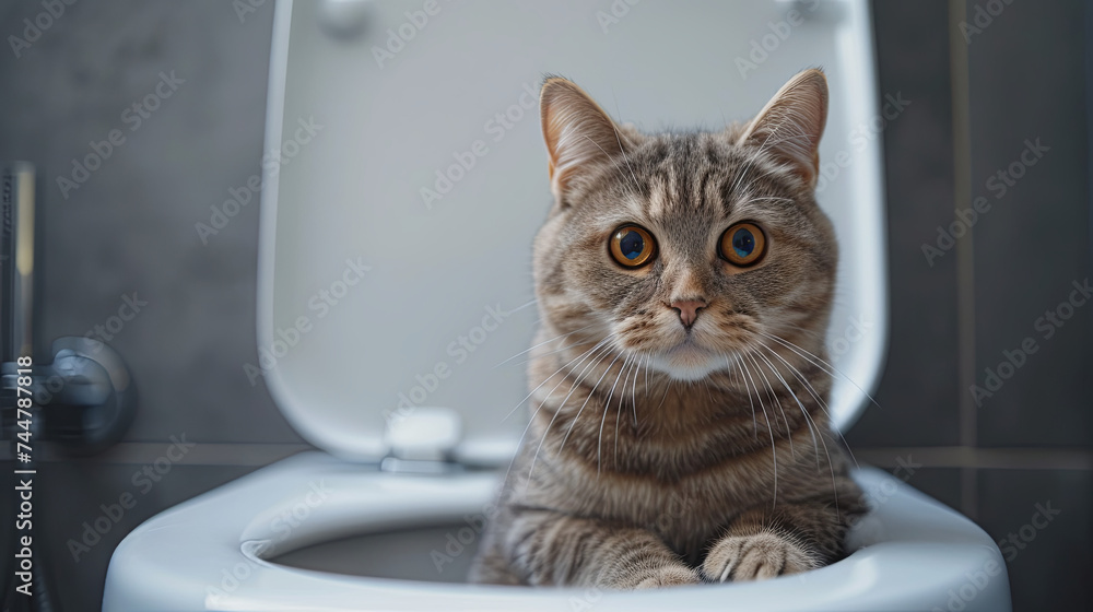 cute stripe cat sitting on the toilet in the bathroom, humorous concept cute stripe cat sitting on the toilet in the bathroom, humorous concept
