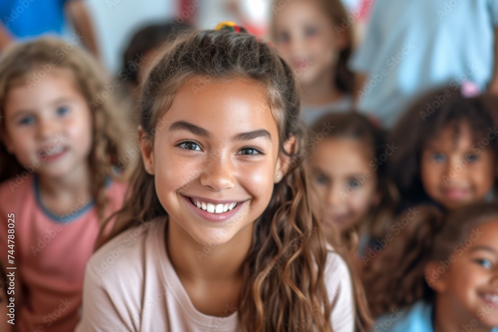 A smiling girl is surrounded by a group of children. Generative AI. A smiling girl is surrounded by a group of children. Generative AI.