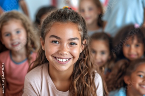 A smiling girl is surrounded by a group of children. Generative AI.