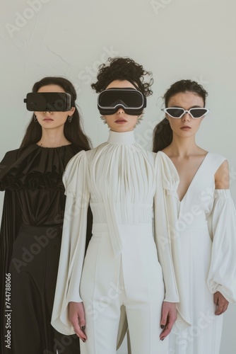 Three women wearing white and black outfits with virtual reality glasses. Generative AI.