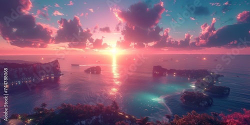 Dreamlike Coastal Sunset with Pink Clouds and Calm Sea Reflecting Radiant Light