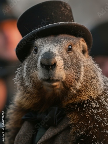 A groundhog wearing a top hat and bow tie. Generative AI.
