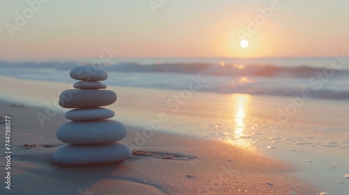 A stack of stones on the beach at sunset. Generative AI.