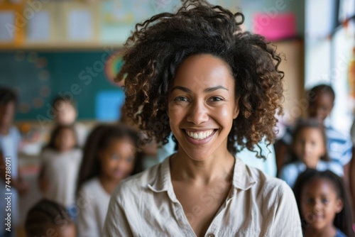 A smiling woman teacher in front of a classroom of children. Generative AI. photo