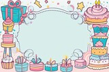 Pastel colors frame with free place for text made from lot of birthday balloons and gift boxes with big bows. Great for birthday parties, textiles, banners, wallpapers, wrapping.