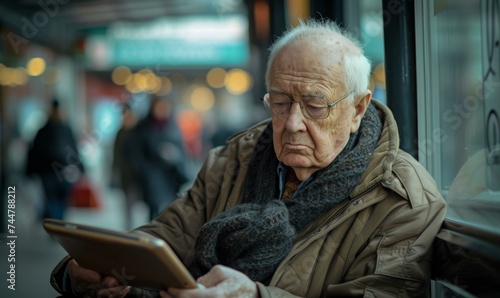 An elderly man is sitting on a bench and using a tablet. Generative AI.