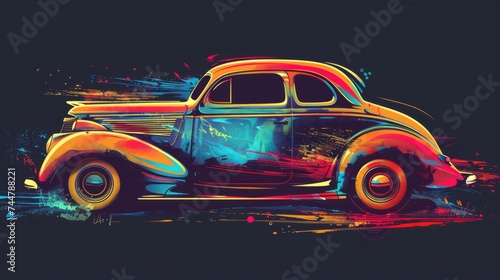 Vector illustration in an abstract style. A colorful old retro car. T-shirt or print design  photo