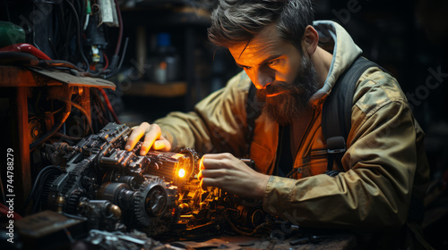 Skilled Worker: A Woman and a Boy Welding in the Dark Metal Industry with Fire and Precision for a Job Well Done, generative AI