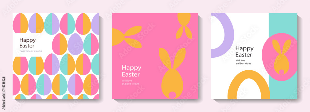 Set of Happy Easter cards in modern minimalistic style with geometric shapes, eggs. Trendy editable vector template for greeting card, poster, banner, invitation, social media post.	 - obrazy, fototapety, plakaty 
