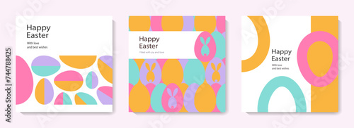 Set of Happy Easter cards in modern minimalistic style with geometric shapes, eggs. Trendy editable vector template for greeting card, poster, banner, invitation, social media post.	