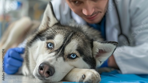 Veterinarian examines a cute Siberian huskie in the hospital. 