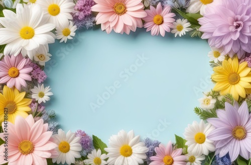 Pastel colors frame with free place for text made from lot of spring flowers. Greeting card for spring holidays. Template for Birthday, Women's Day, Mother's Day. Floral picture.