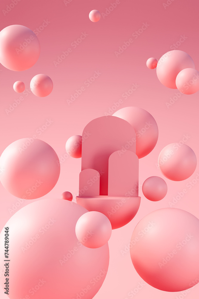 Minimal product podium stage with pink balloons in geometric shape for presentation background. 3D illustration rendering