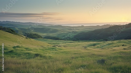 Nature conservation: panoramic landscape of coastline gass field hill photo