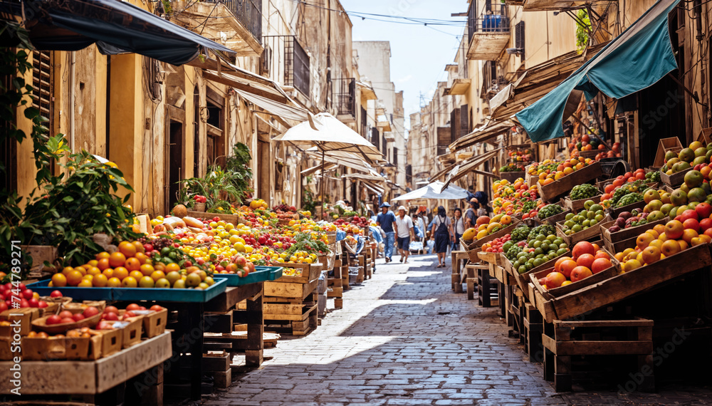 bustling open-air market in a small Italian town  with colorful stalls selling fresh fruits, vegetables, and other goods people walking around and shopping
