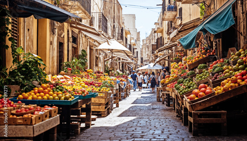 bustling open-air market in a small Italian town with colorful stalls selling fresh fruits, vegetables, and other goods people walking around and shopping