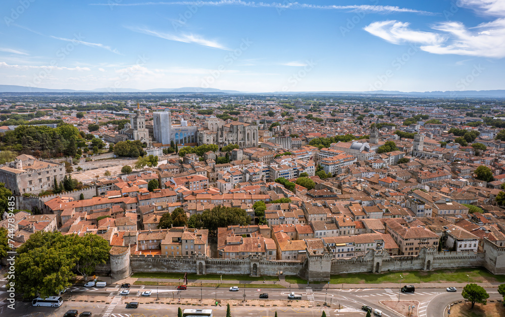 The drone aerial view of Avignon, France. Avignon is one of the major cities of Provence, in Southern France. It is the main city of the département of Vaucluse.