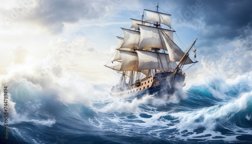 wooden ship in strong ocean waves in a storm ship moving forward through the storm and the waves are crashing against the side of the ship