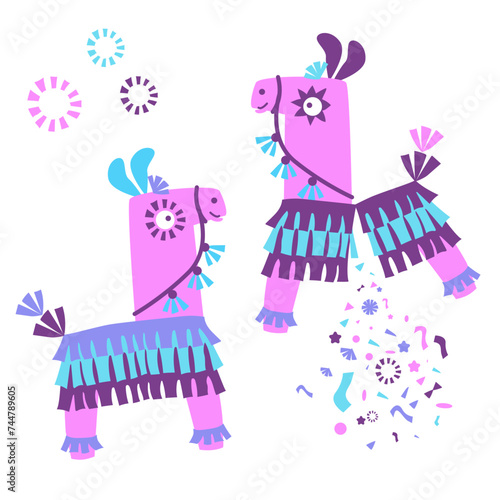 cartoon animal pinata isolated on white background. Vector illustration of colorful paper accessories in shape of horse, for traditional mexican party 2