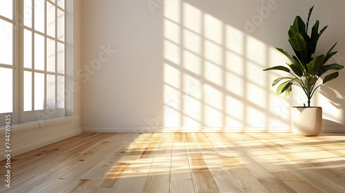 Bright room with large windows casting shadows on a wooden floor, with a potted plant in the corner.