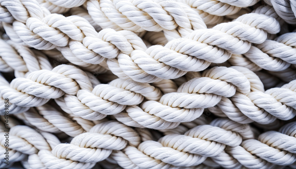  Close-up of a white cotton rope made of multiple strands of yarn twisted together